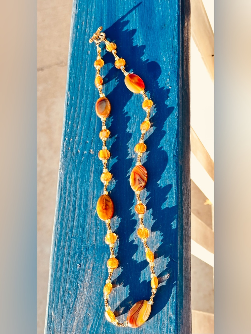 Murano Gold Foil Glass Beads with Agates Necklace 24" - Picture 8 of 8